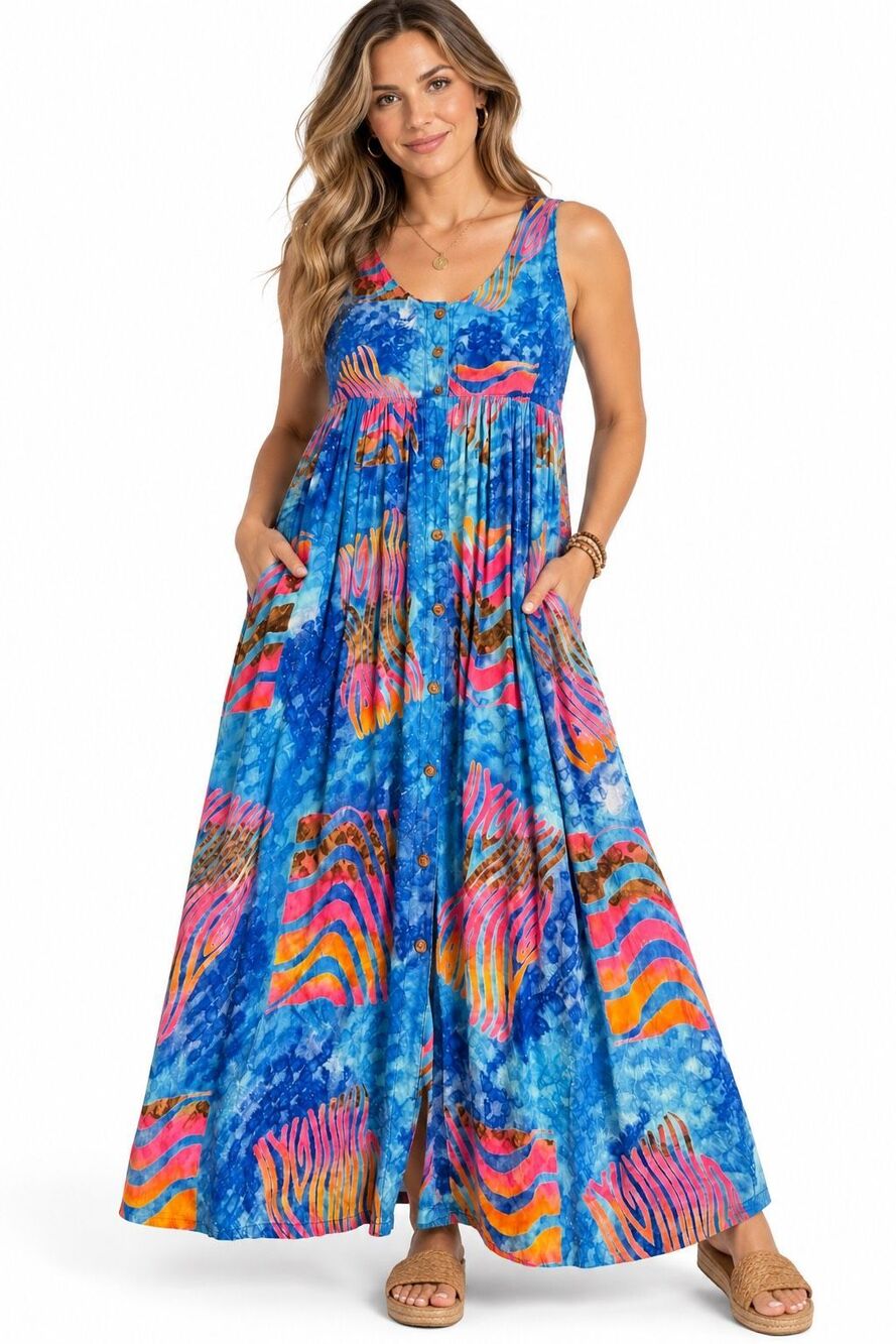 Silver Moon Creations Blue Abstract Boho Button Front Maxi Dress Size Medium